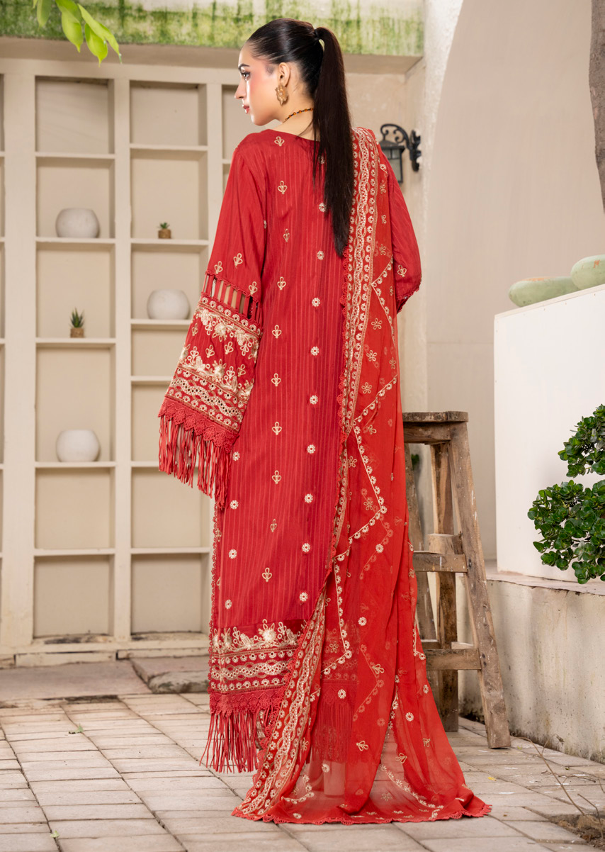 Red Embroidered Silk Viscose 3 Piece Suit with Bamber Chiffon Dupatta