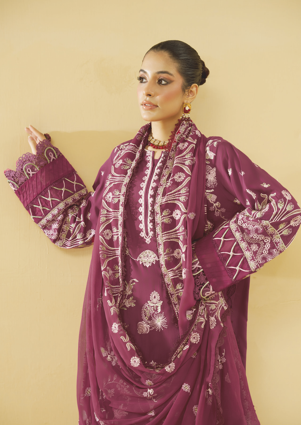 Embroidered Silk Viscose 3 Piece Suit with Embroidered Bamber Chiffon Dupatta