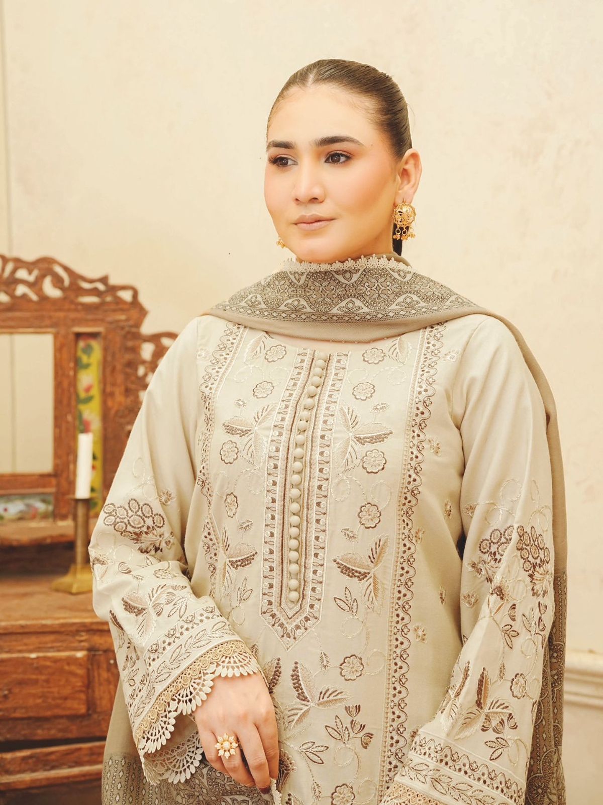 Embroidered Luxury Winter Suit with Jacquard Wool Shawl