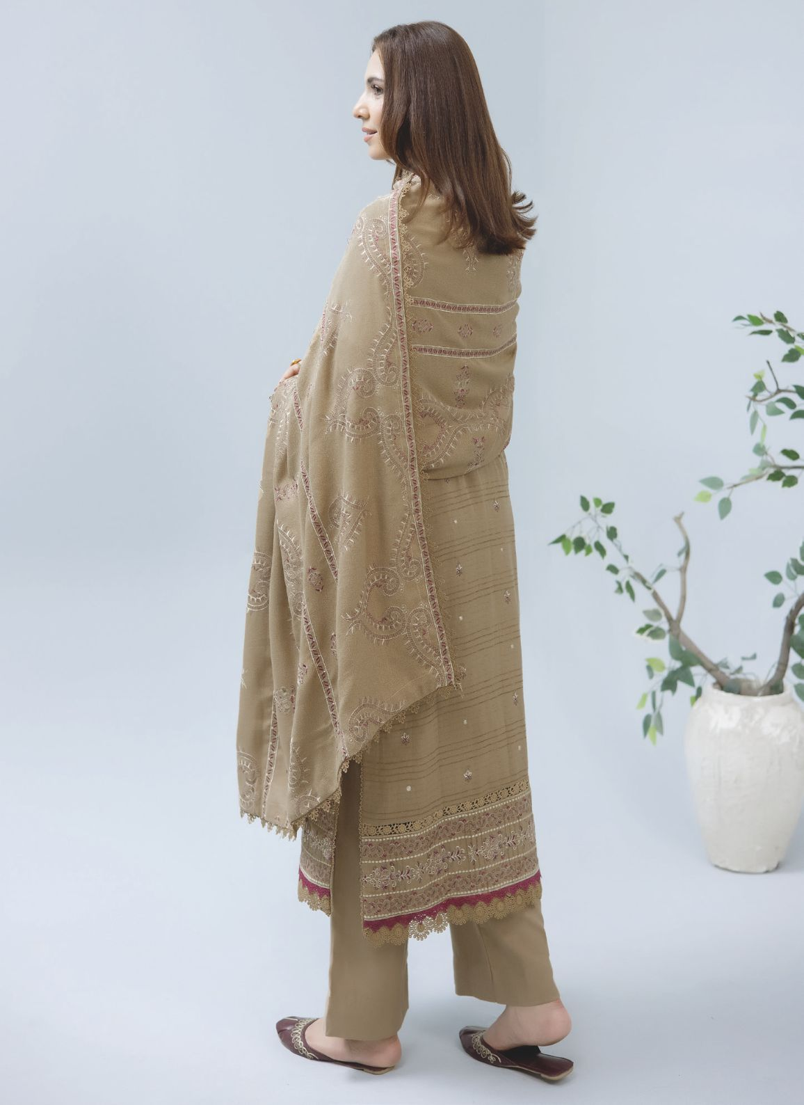 Traditional Embroidered Winter Suit with Matching Wool Shawl