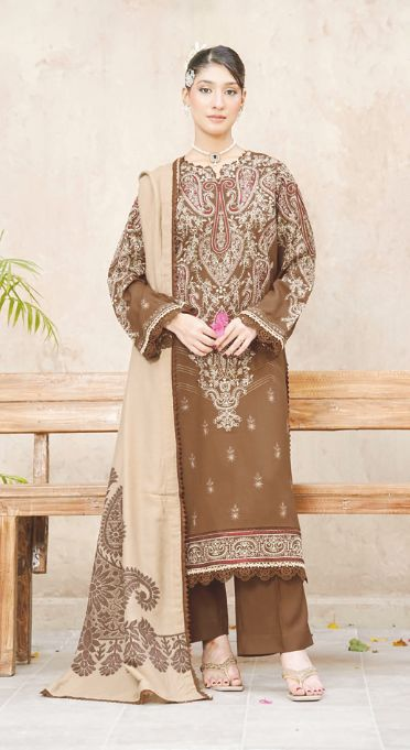 Luxury Embroidered Winter Suit with Jacquard Wool Shawl