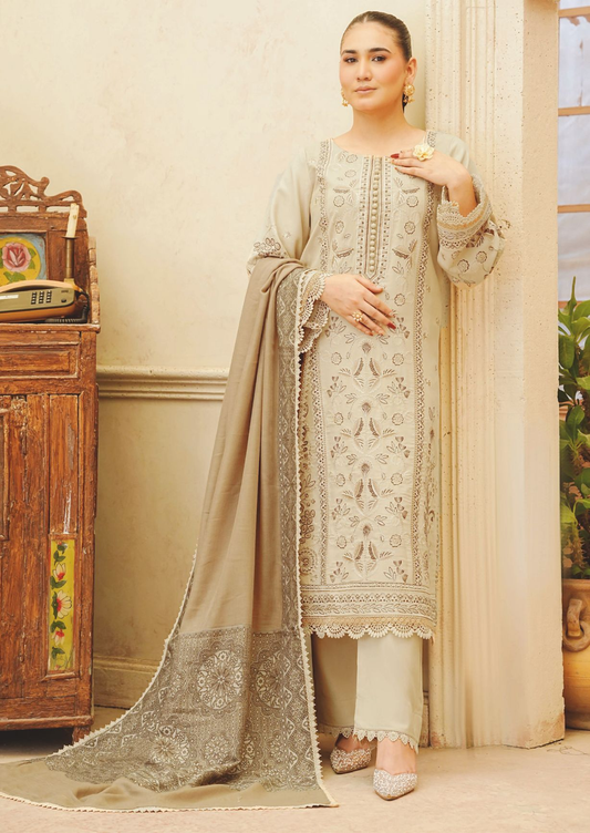 Embroidered Luxury Winter Suit with Jacquard Wool Shawl