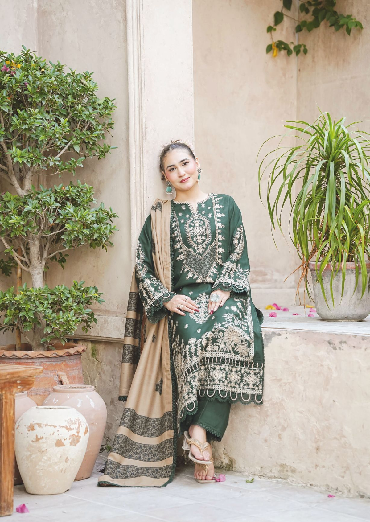 Embroidered Luxury Winter Suit with Premium Jacquard Wool Shawl