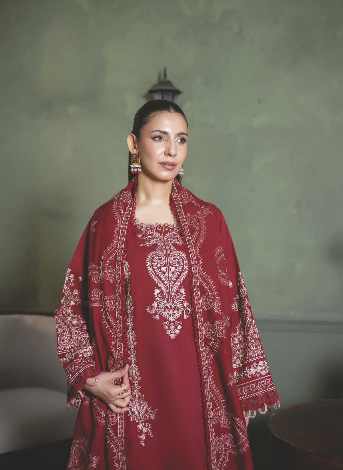 Elegant Embroidered Winter Suit with Shawl