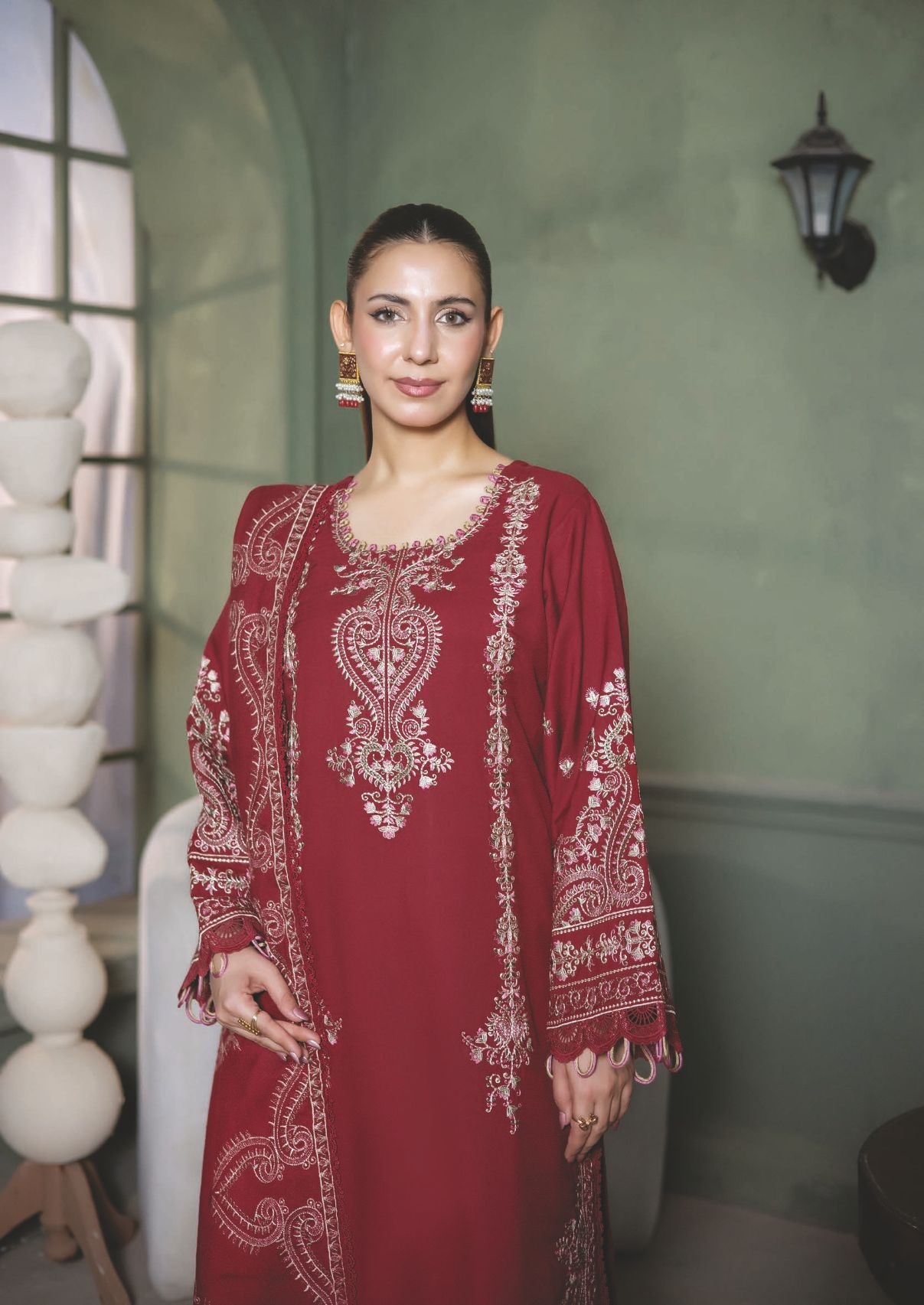 Elegant Embroidered Winter Suit with Shawl