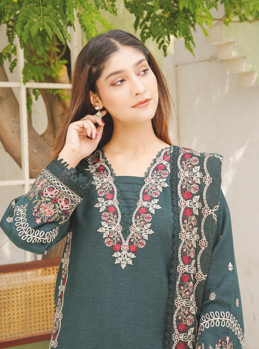 Traditional Embroidered Peach Leather 3-Piece Dress with Luxury Shawl