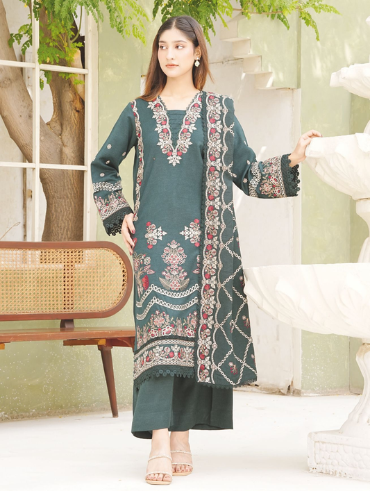 Traditional Embroidered Peach Leather 3-Piece Dress with Luxury Shawl