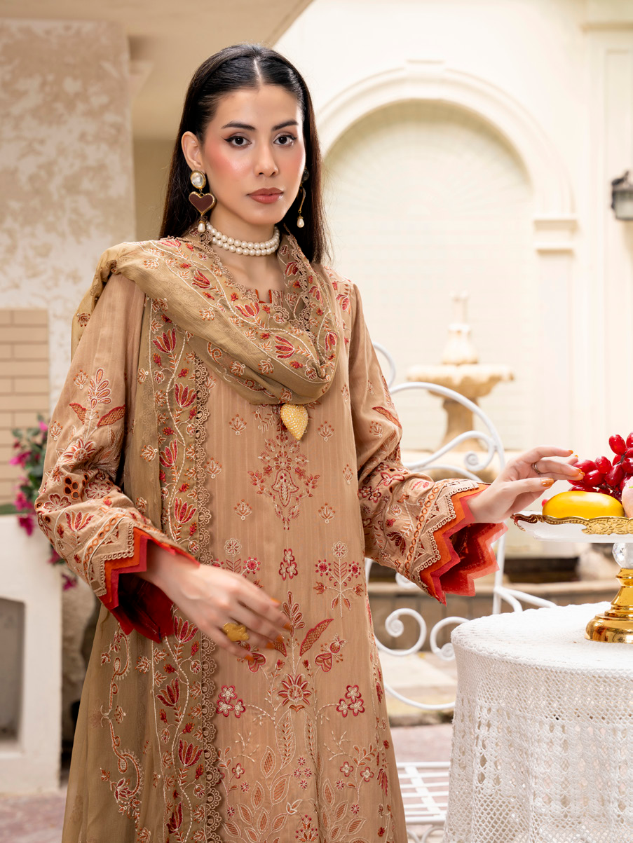 Beige Embroidered Silk Viscose 3 Piece Suit with Bamber Chiffon Dupatta