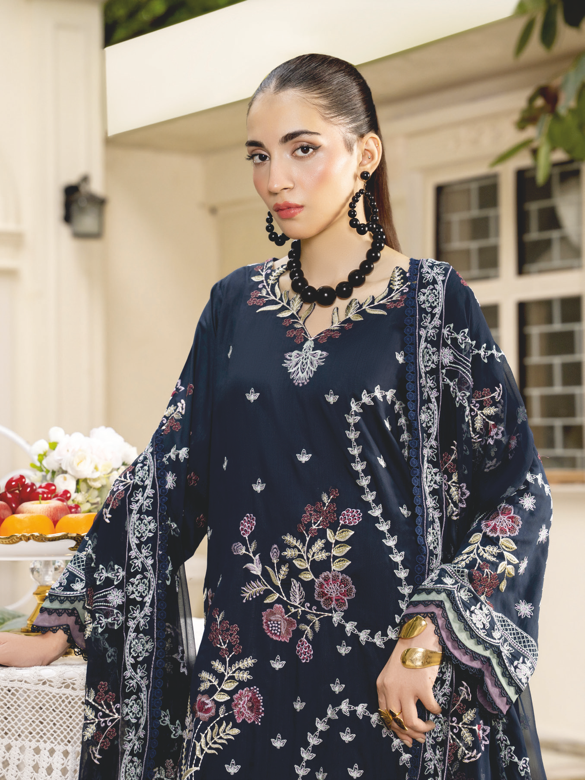 Designer Embroidered Silk Viscose Suit with Embroidered Bamber Chiffon Dupatta