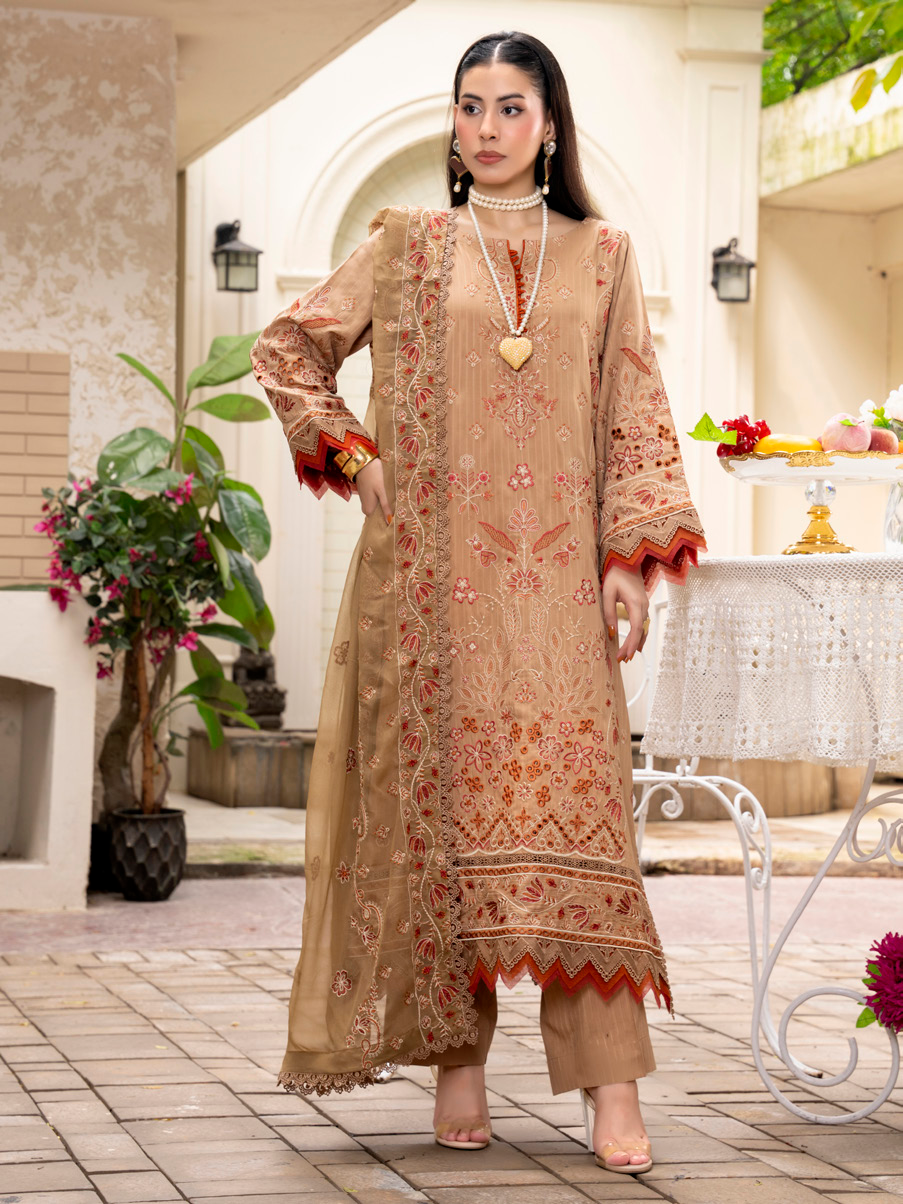 Beige Embroidered Silk Viscose 3 Piece Suit with Bamber Chiffon Dupatta