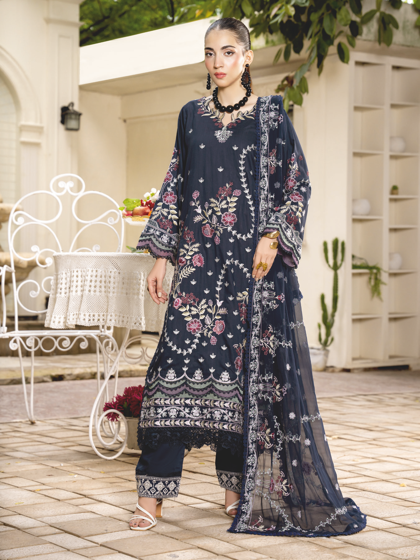 Designer Embroidered Silk Viscose Suit with Embroidered Bamber Chiffon Dupatta