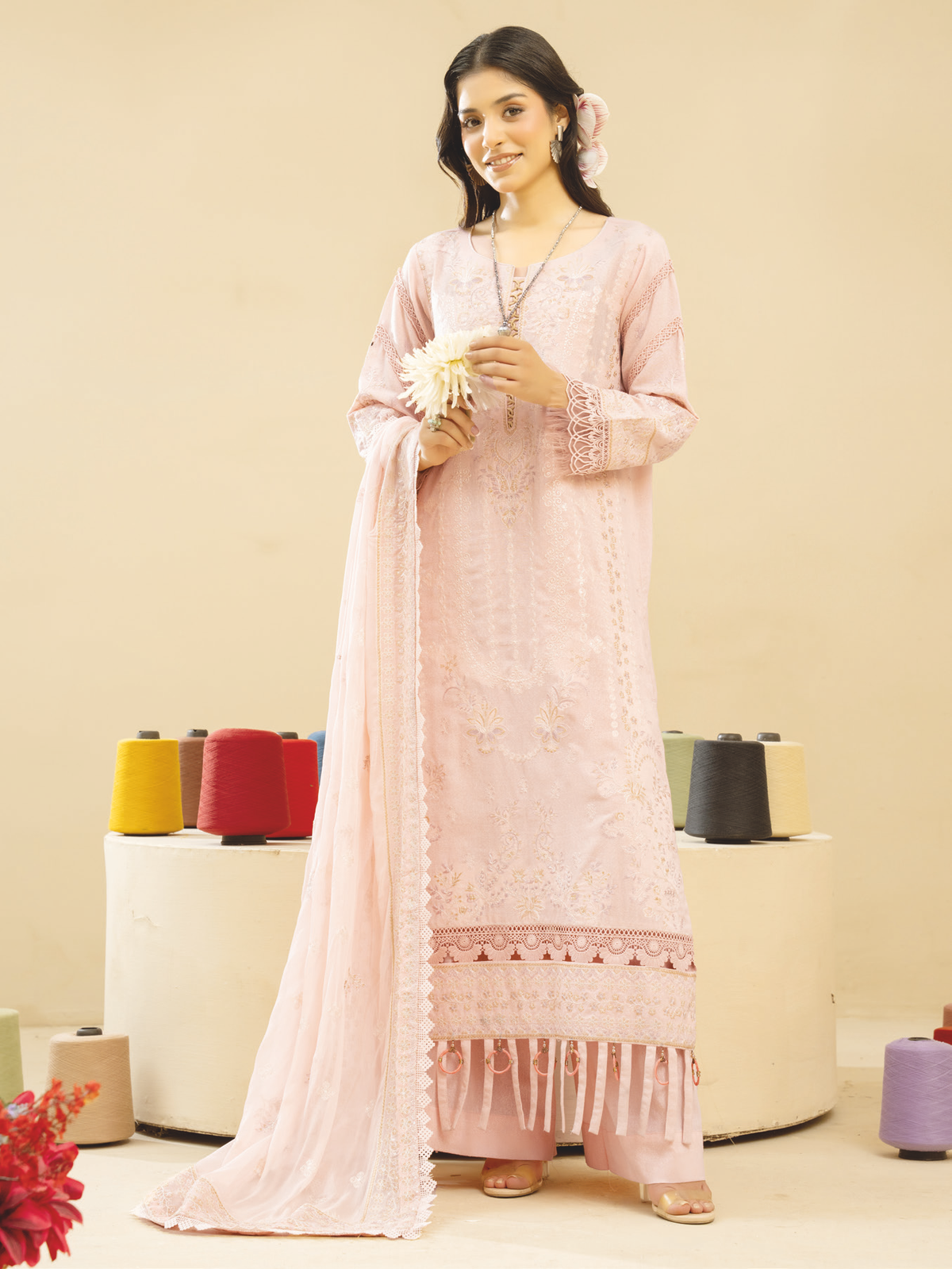 Luxury Resham Embroidered Karandi Dress | Embroidered Bamber Chiffon Dupatta | Winter Wear