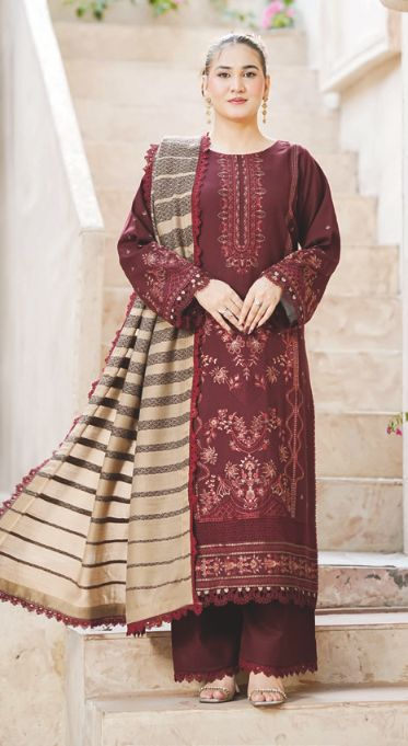 Premium Embroidered Winter 3-Piece Suit with Luxury Jacquard Shawl