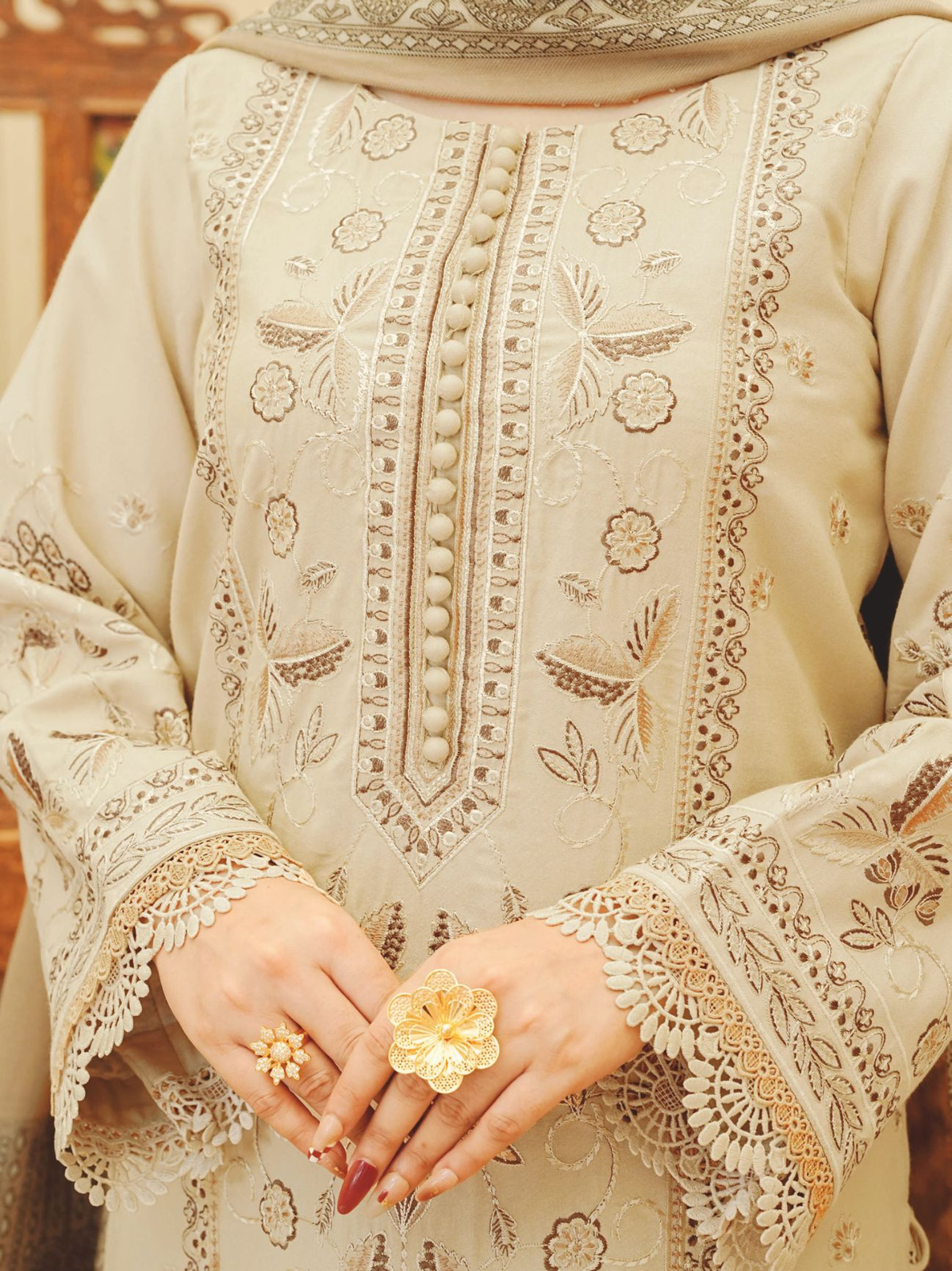 Embroidered Luxury Winter Suit with Jacquard Wool Shawl