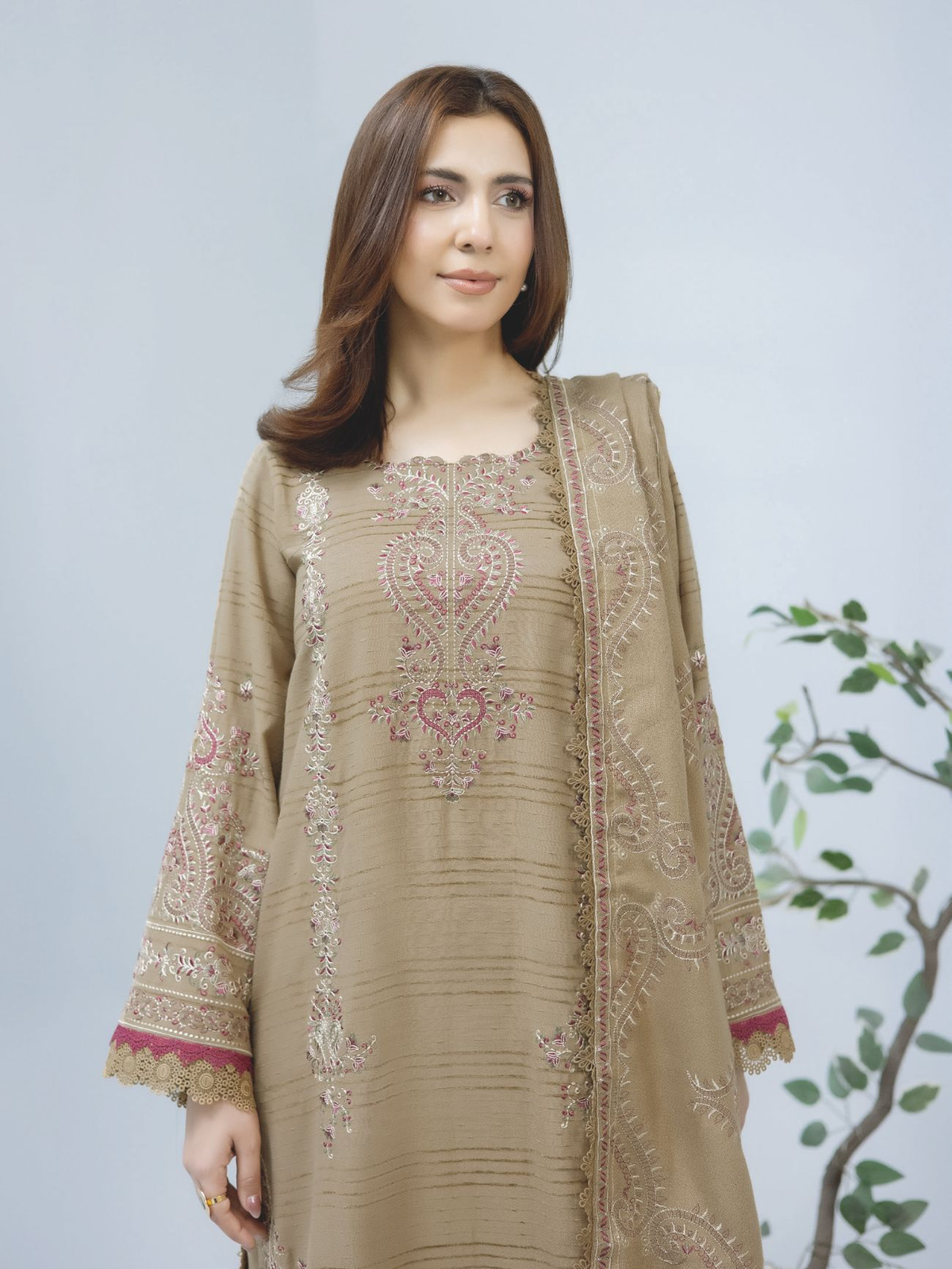 Traditional Embroidered Winter Suit with Matching Wool Shawl