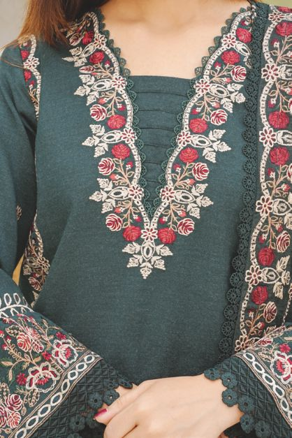 Traditional Embroidered Peach Leather 3-Piece Dress with Luxury Shawl