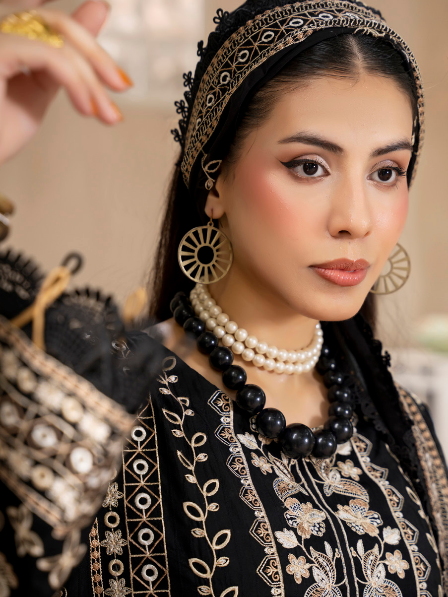 Black Embroidered Silk Viscose 3 Piece Suit with Bamber Chiffon Dupatta