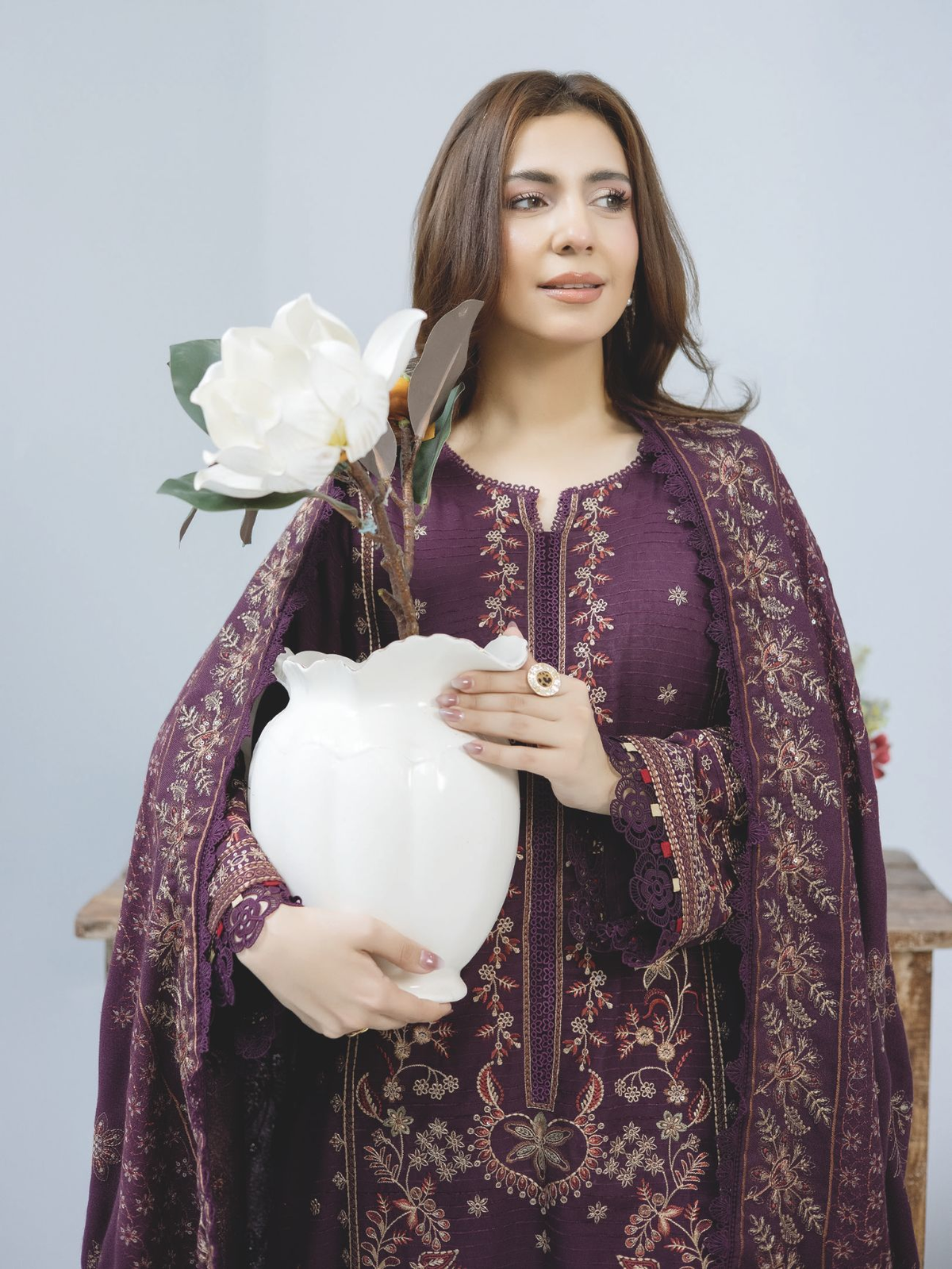 Luxury Embroidered Winter Suit with Embroidered Wool Shawl