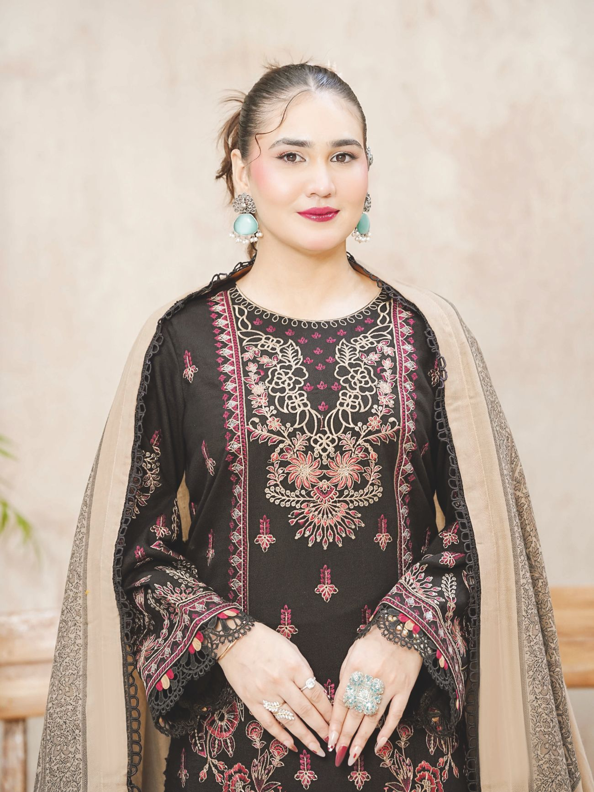 Elegant Embroidered Winter Collection with Jacquard Wool Shawl