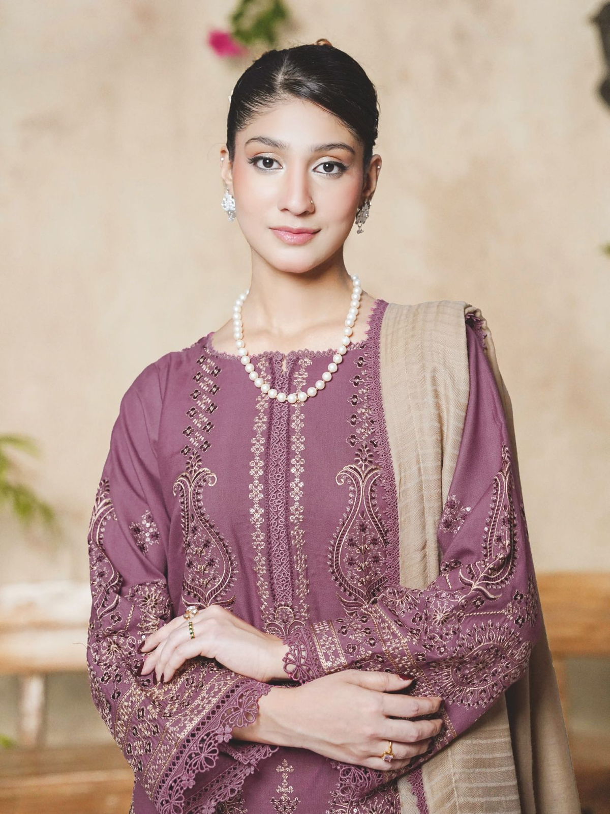 Luxury Embroidered Winter Suit with Jacquard Wool Shawl