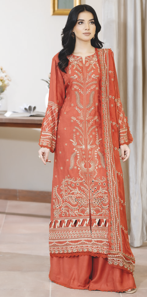 Embroidered Silk Viscose 3 Piece Suit with Embroidered Bamber Chiffon Dupatta