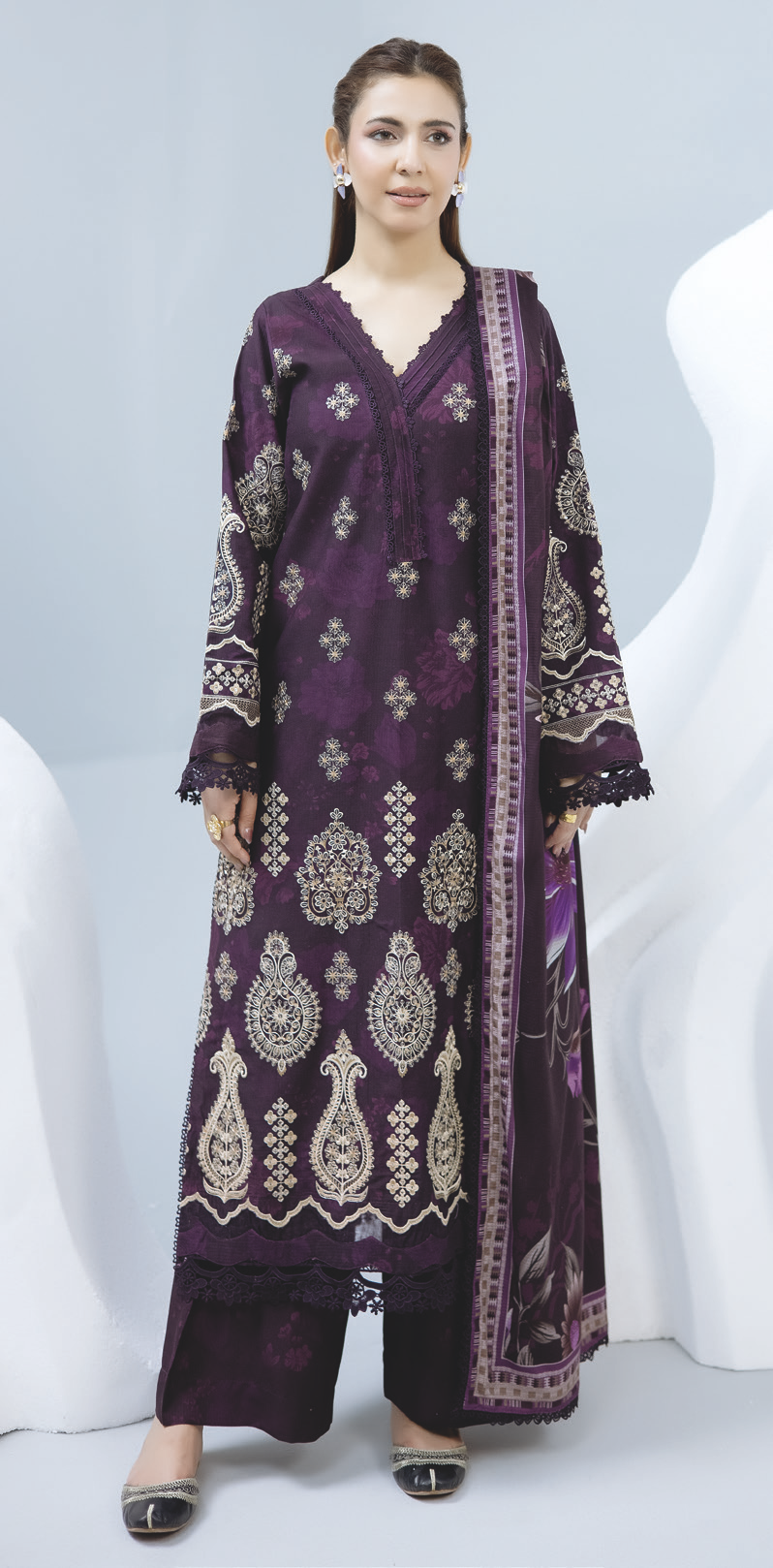 Luxury Embroidered Slub 3-Piece Ensemble with Printed Shawl & Trousers