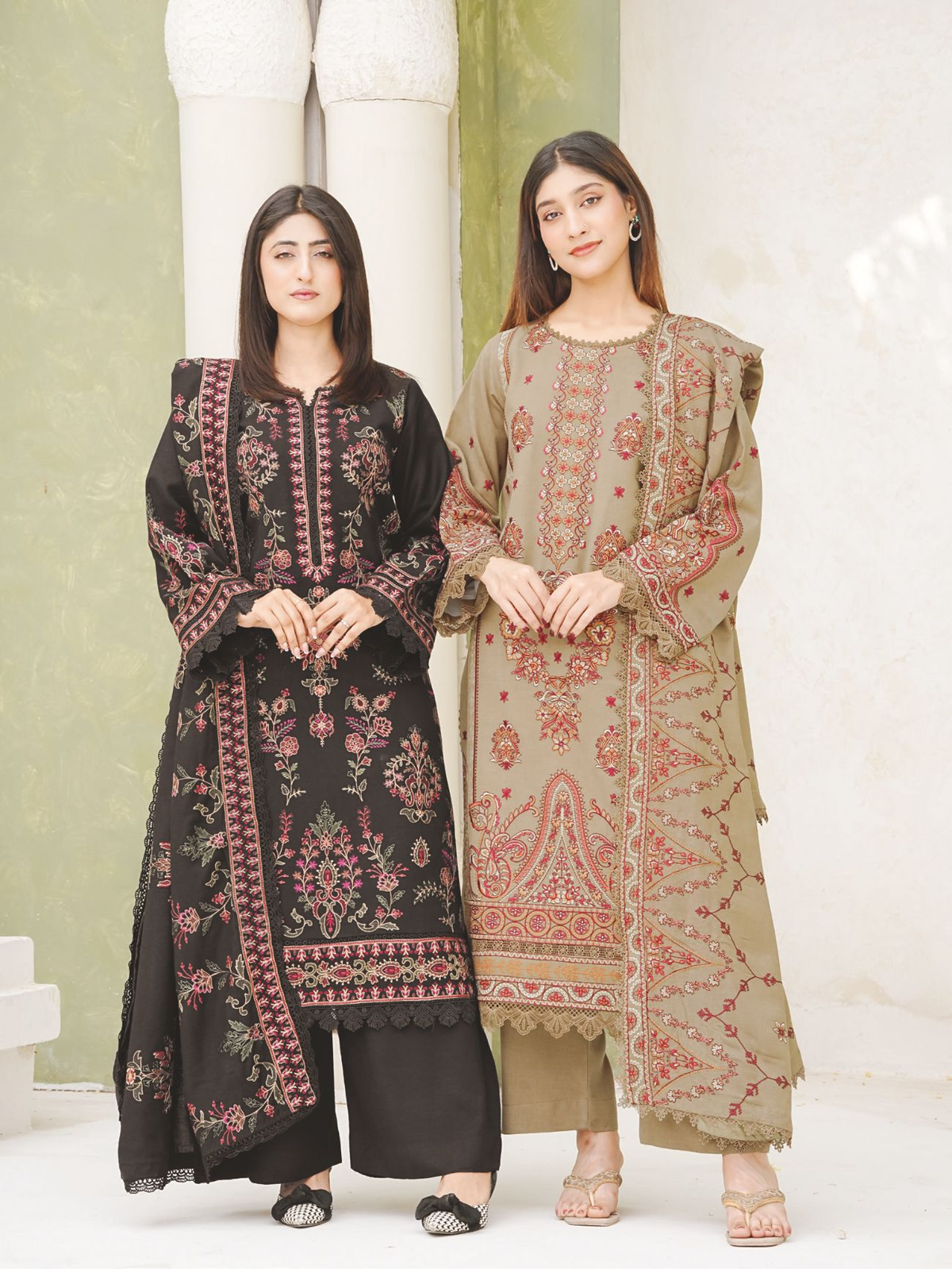 Luxury Peach Leather Dress with Intricate Embroidery and Wool Shawl