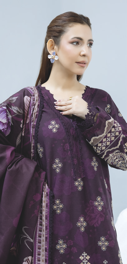 Luxury Embroidered Slub 3-Piece Ensemble with Printed Shawl & Trousers