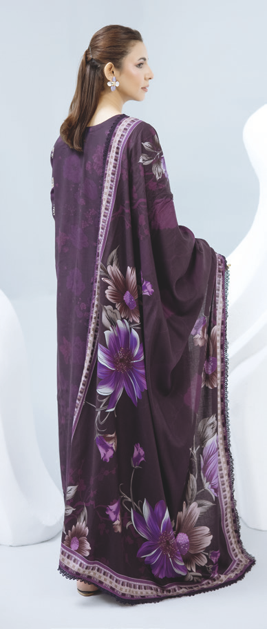 Luxury Embroidered Slub 3-Piece Ensemble with Printed Shawl & Trousers