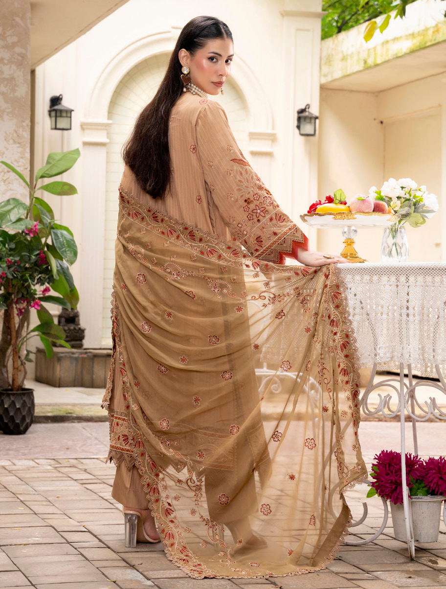 Beige Embroidered Silk Viscose 3 Piece Suit with Bamber Chiffon Dupatta