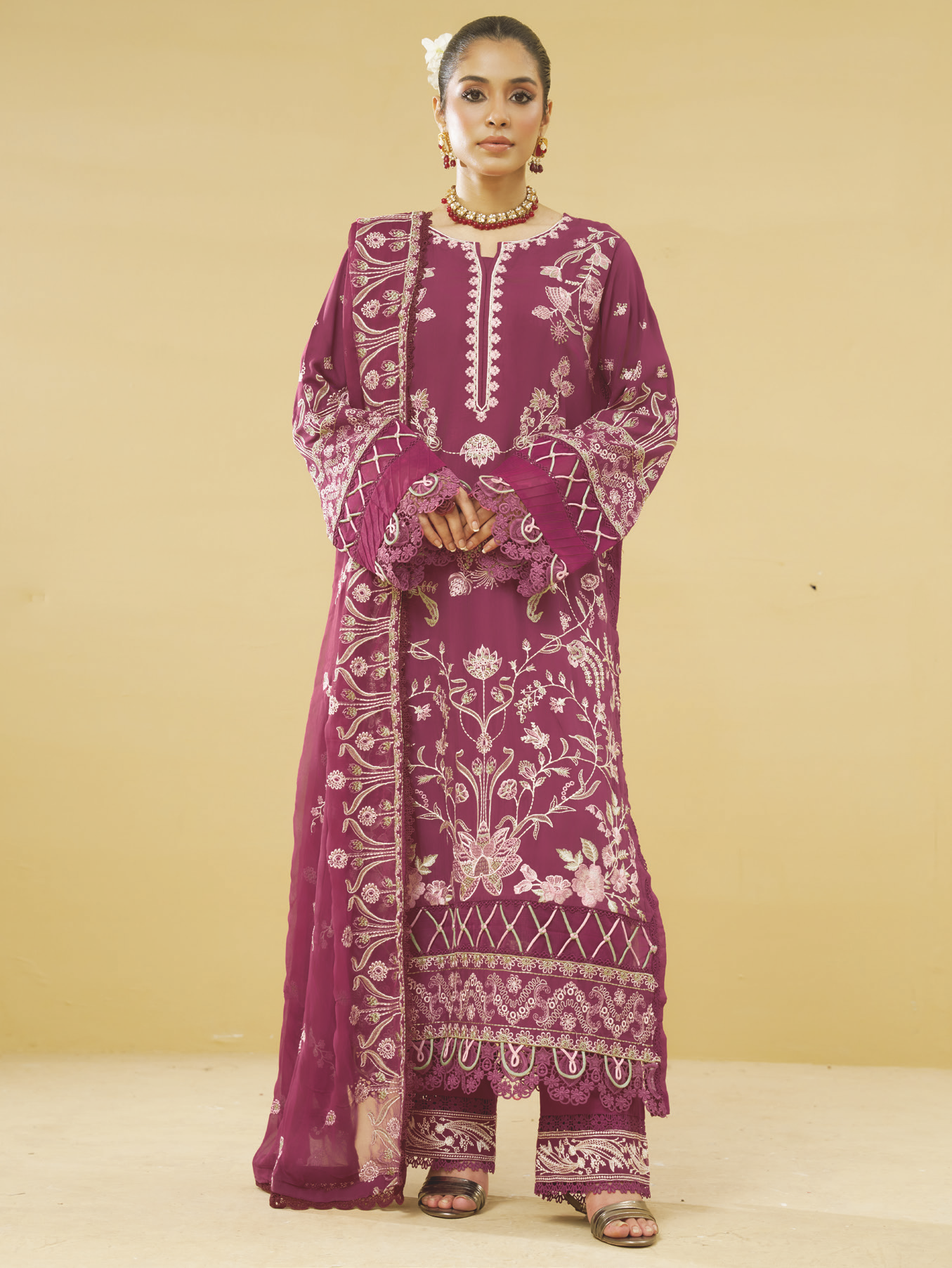 Embroidered Silk Viscose 3 Piece Suit with Embroidered Bamber Chiffon Dupatta