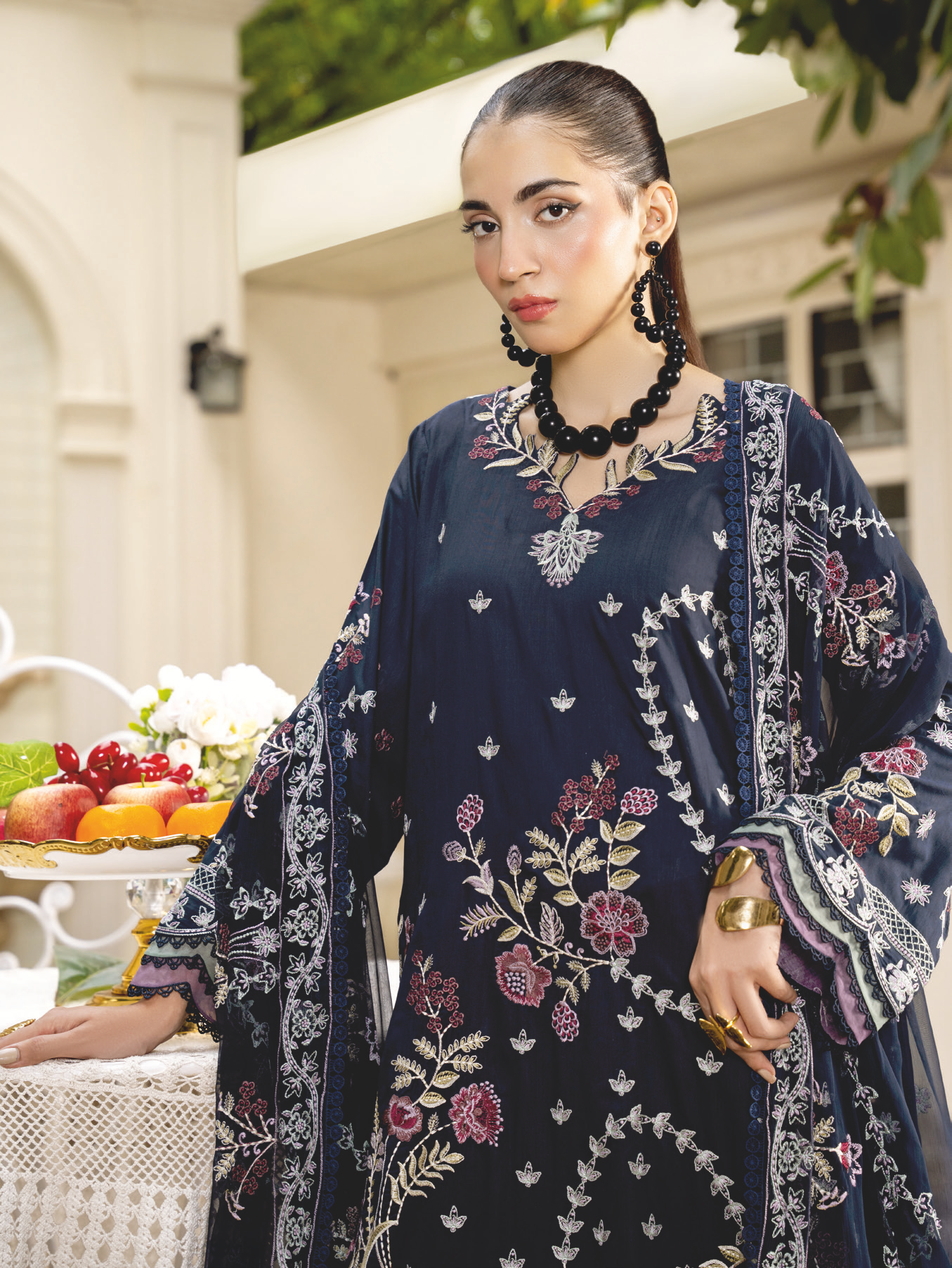 Designer Embroidered Silk Viscose Suit with Embroidered Bamber Chiffon Dupatta