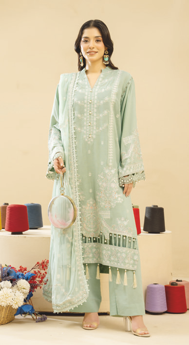 Embroidered Resham Karandi Suit with Embroidered Bamber Chiffon Dupatta