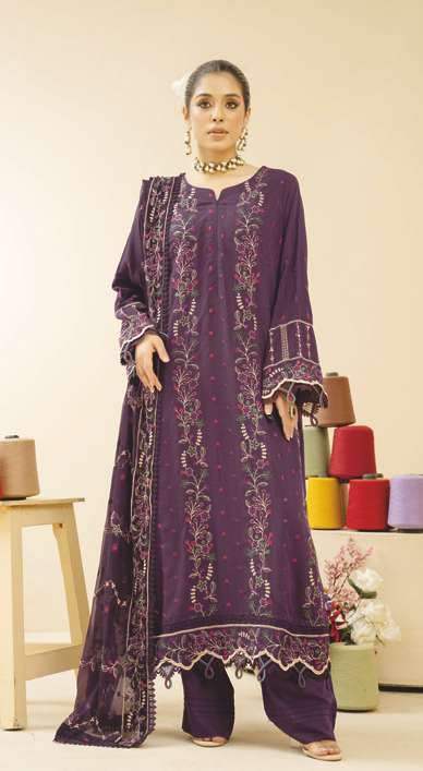 Luxury Winter Embroidered Silk Viscose Suit with Embroidered Chiffon Dupatta