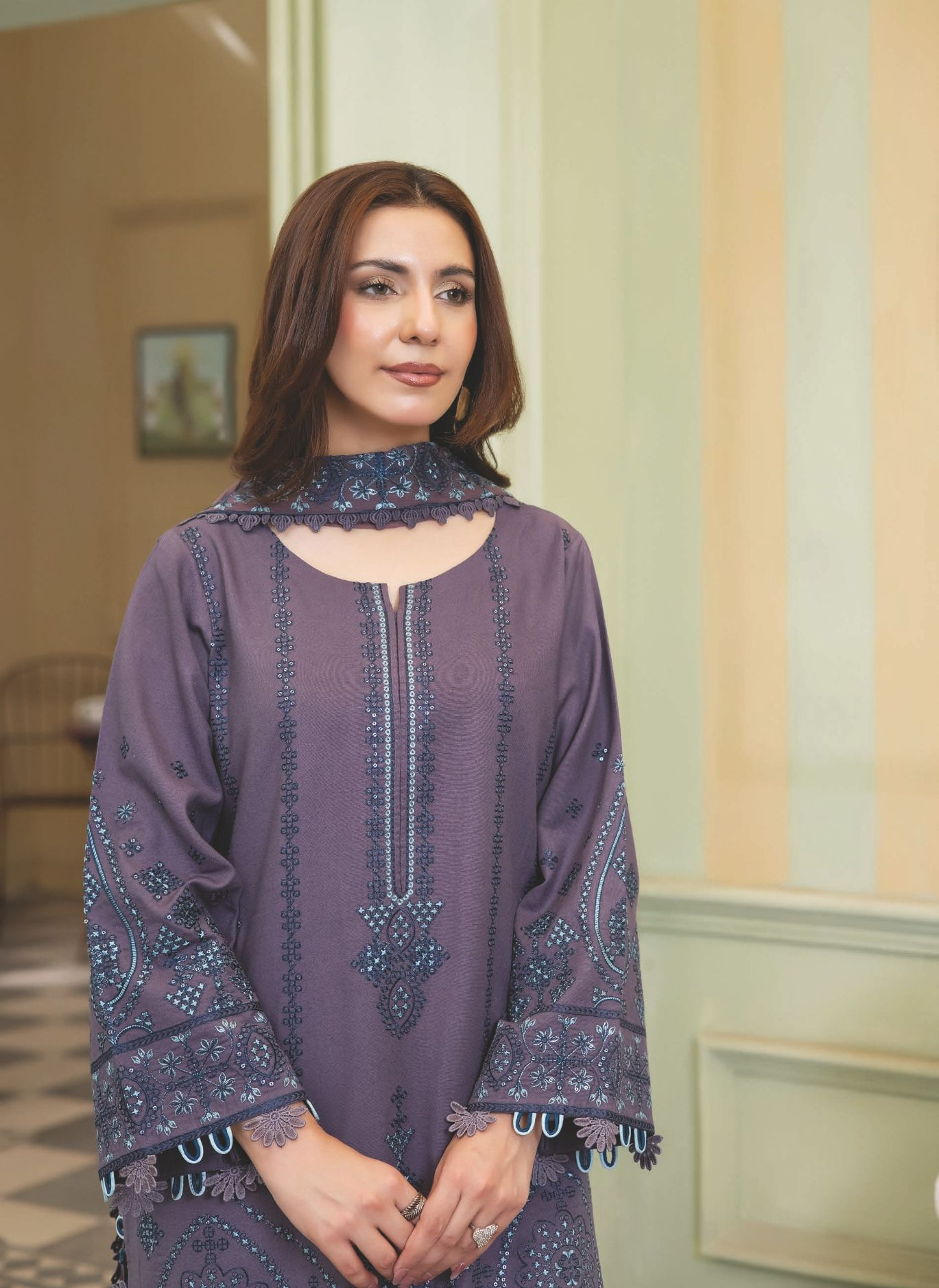 Embroidered Resham Karandi 3-Piece Suit with Bamber Chiffon Dupatta
