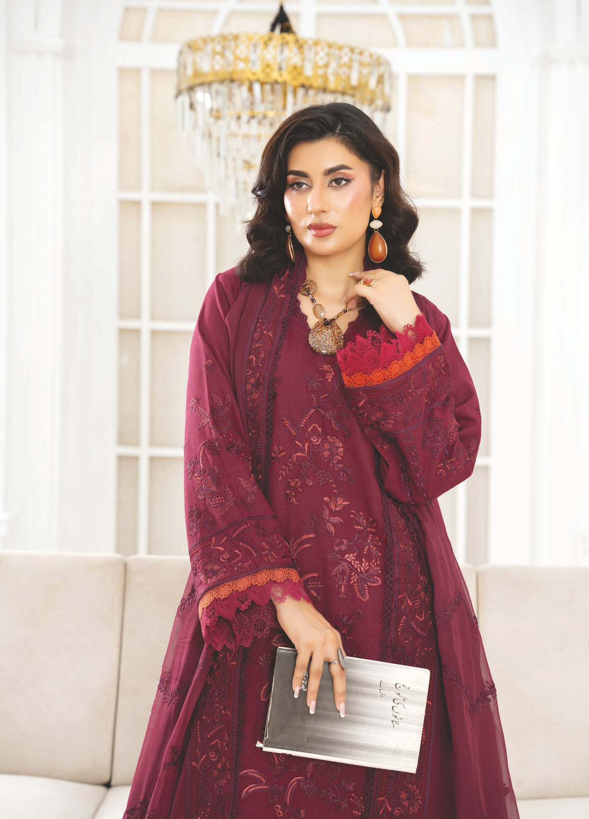Embroidered Resham Karandi 3 Piece Suit with Chiffon Dupatta