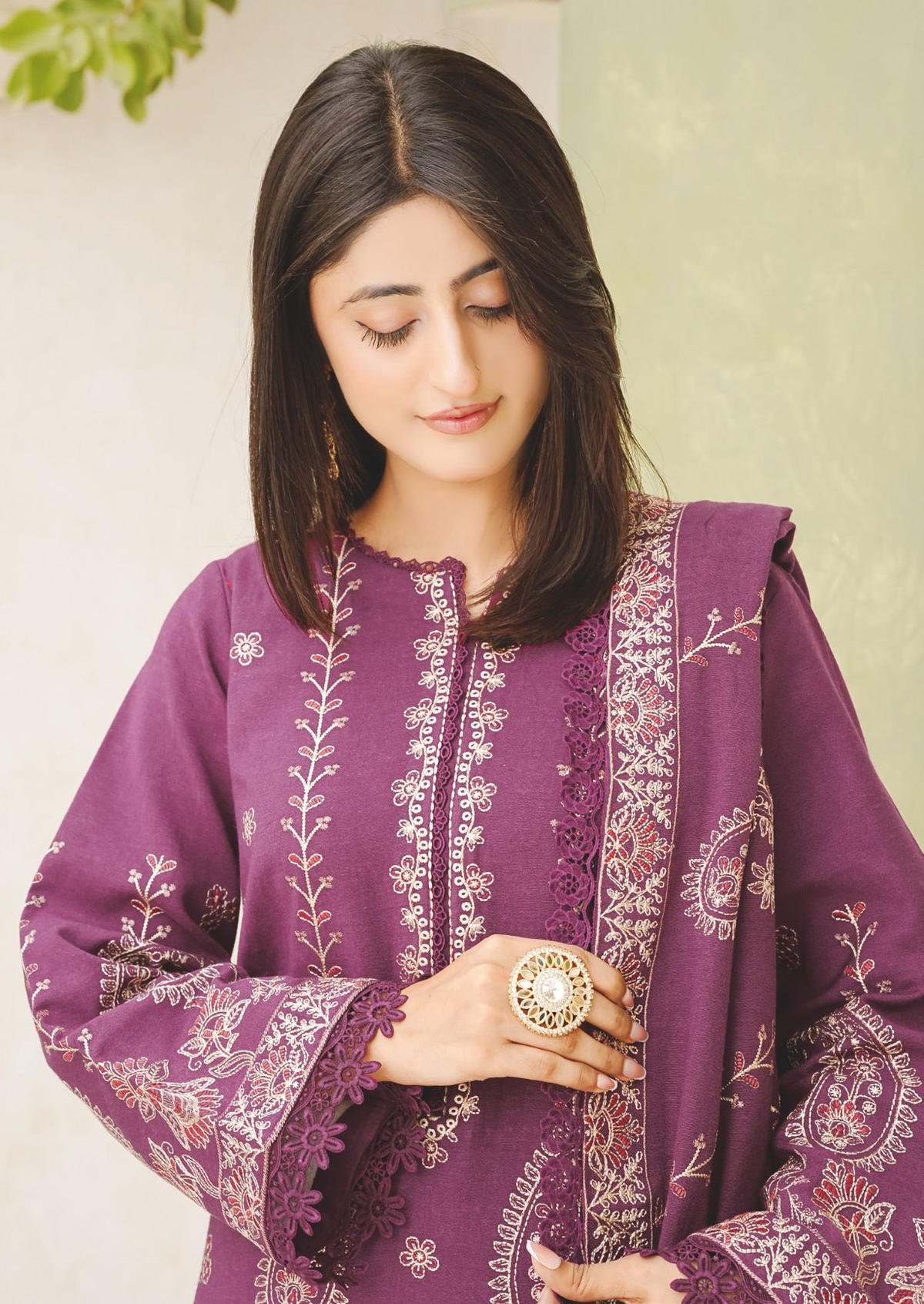 Premium Embroidered Peach Leather 3-Piece Suit with Wool Shawl