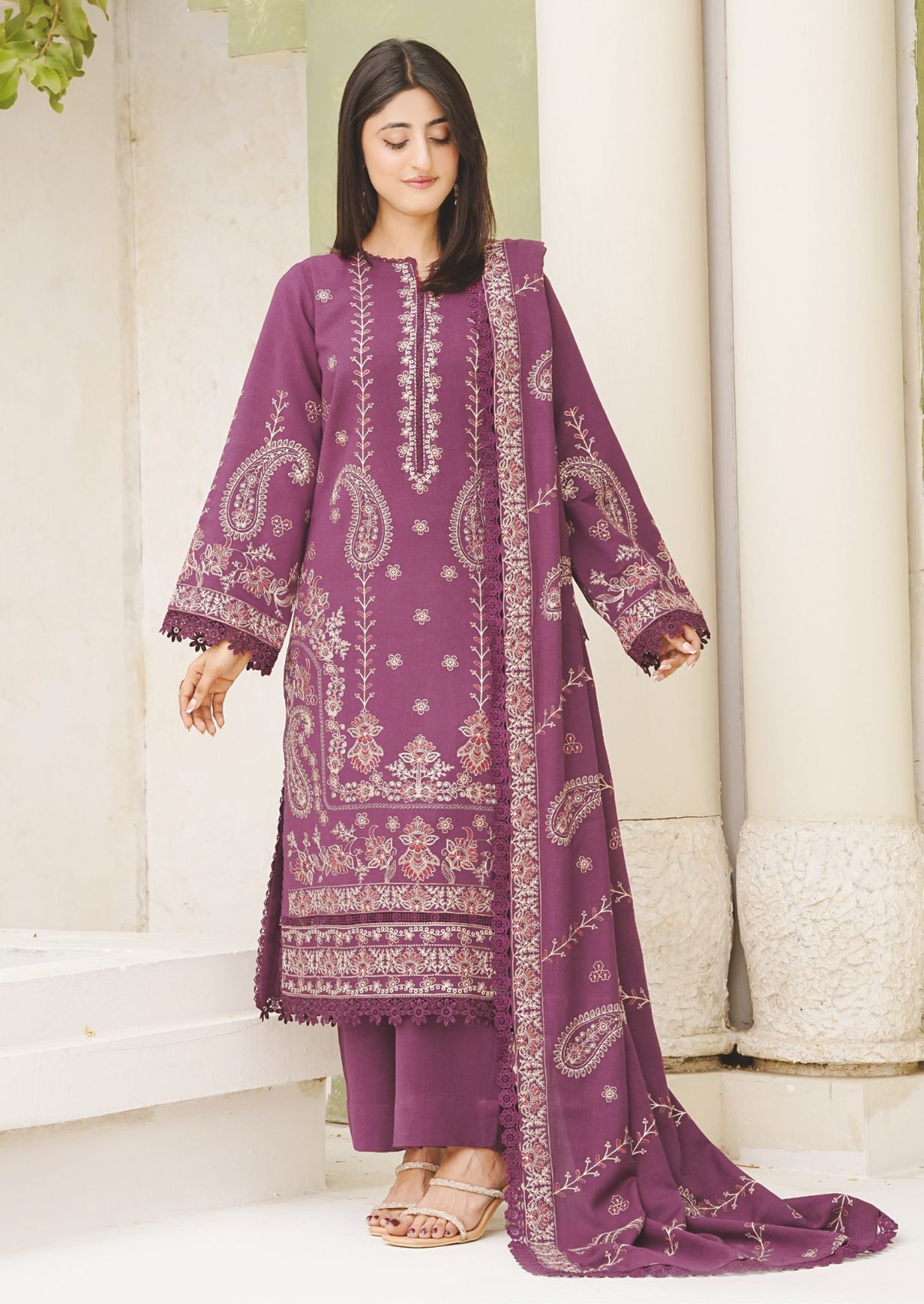 Premium Embroidered Peach Leather 3-Piece Suit with Wool Shawl