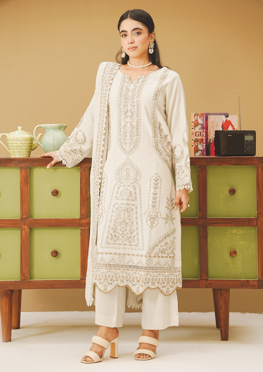 Luxury Peach Leather Winter Suit with Intricate Embroidery