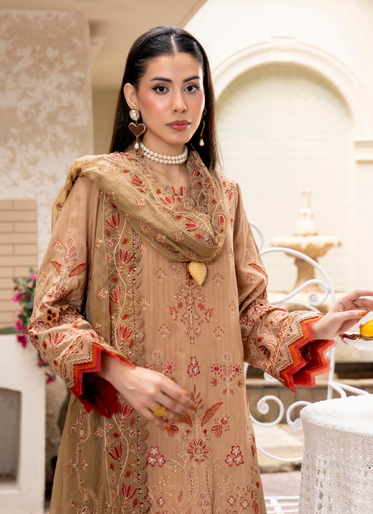 Beige Embroidered Silk Viscose 3 Piece Suit with Bamber Chiffon Dupatta