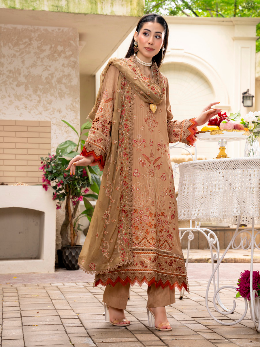 Beige Embroidered Silk Viscose 3 Piece Suit with Bamber Chiffon Dupatta