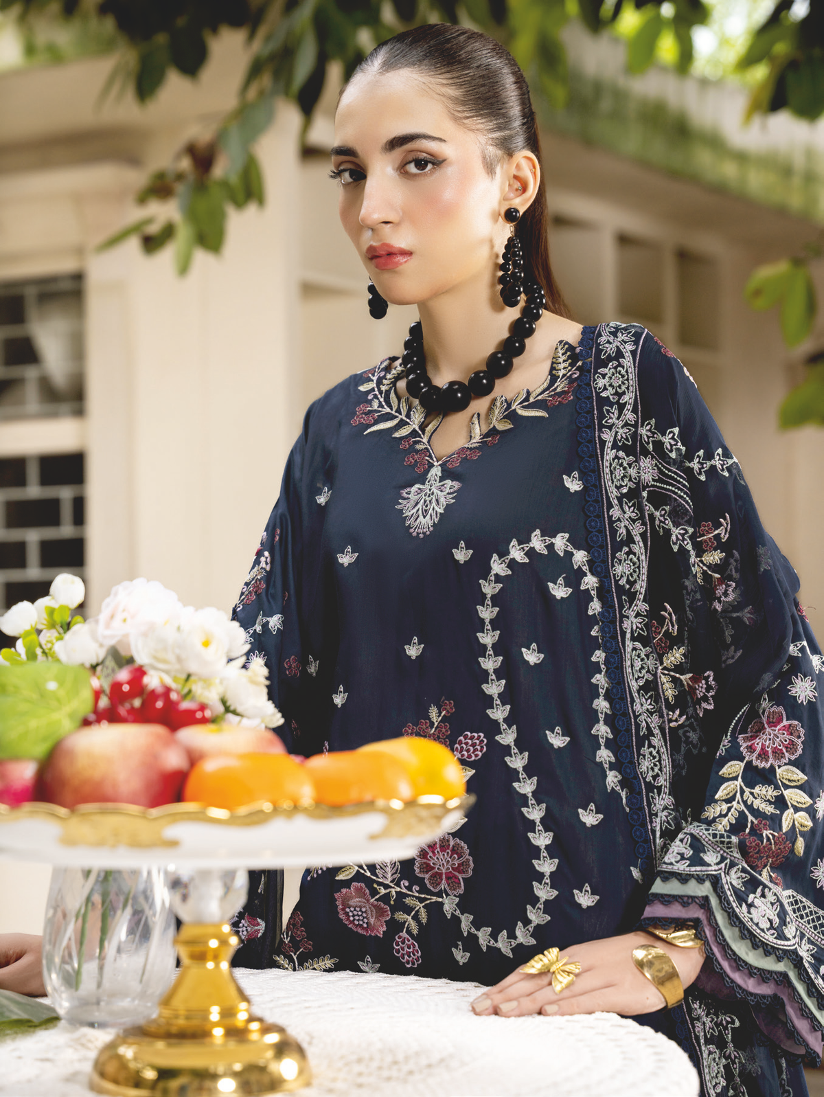 Designer Embroidered Silk Viscose Suit with Embroidered Bamber Chiffon Dupatta
