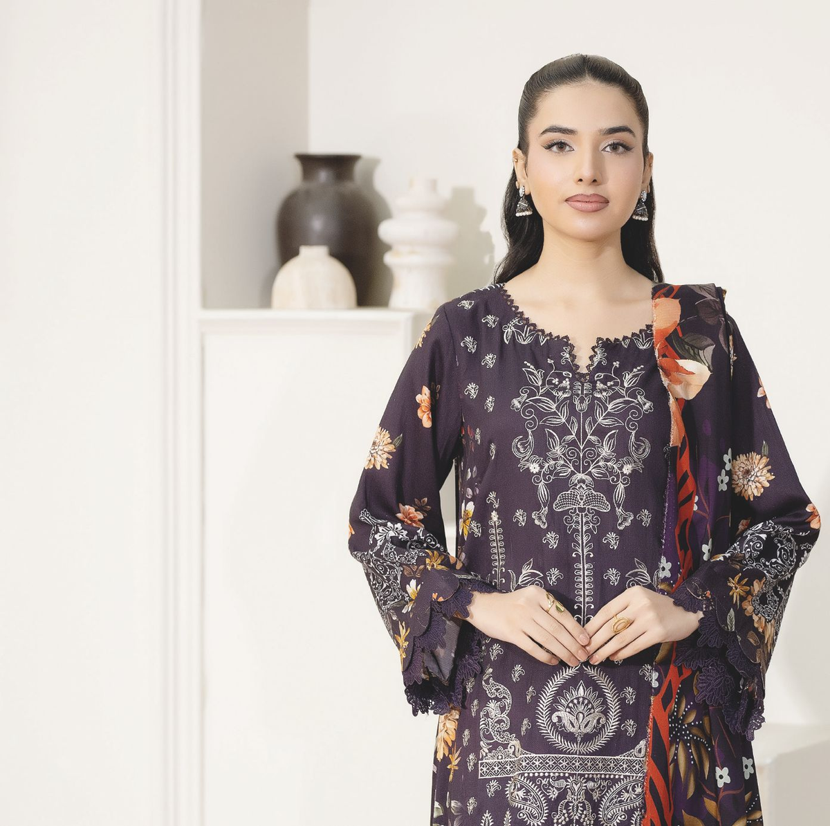 Embroidered Luxury Staple Slub 3-Piece Suit – Printed Shawal & Elegant Embroidery
