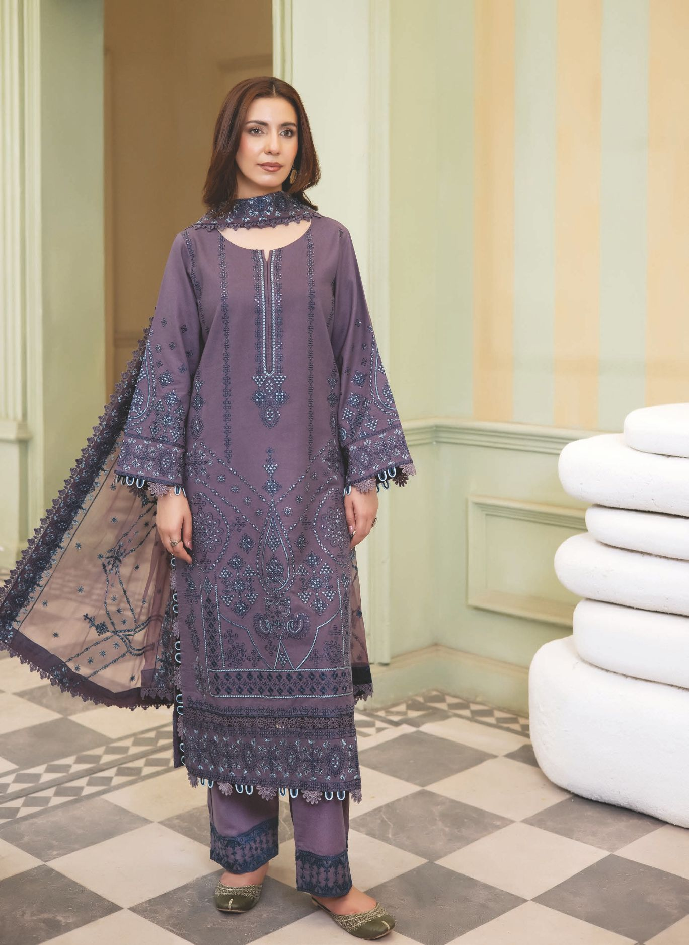 Embroidered Resham Karandi 3-Piece Suit with Bamber Chiffon Dupatta