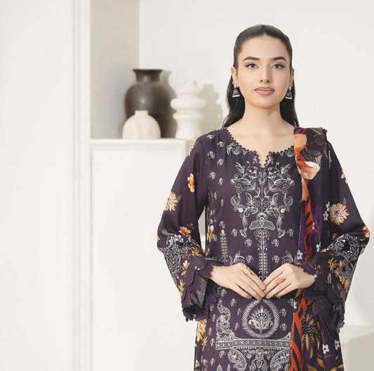 Embroidered Luxury Staple Slub 3-Piece Suit – Printed Shawal & Elegant Embroidery
