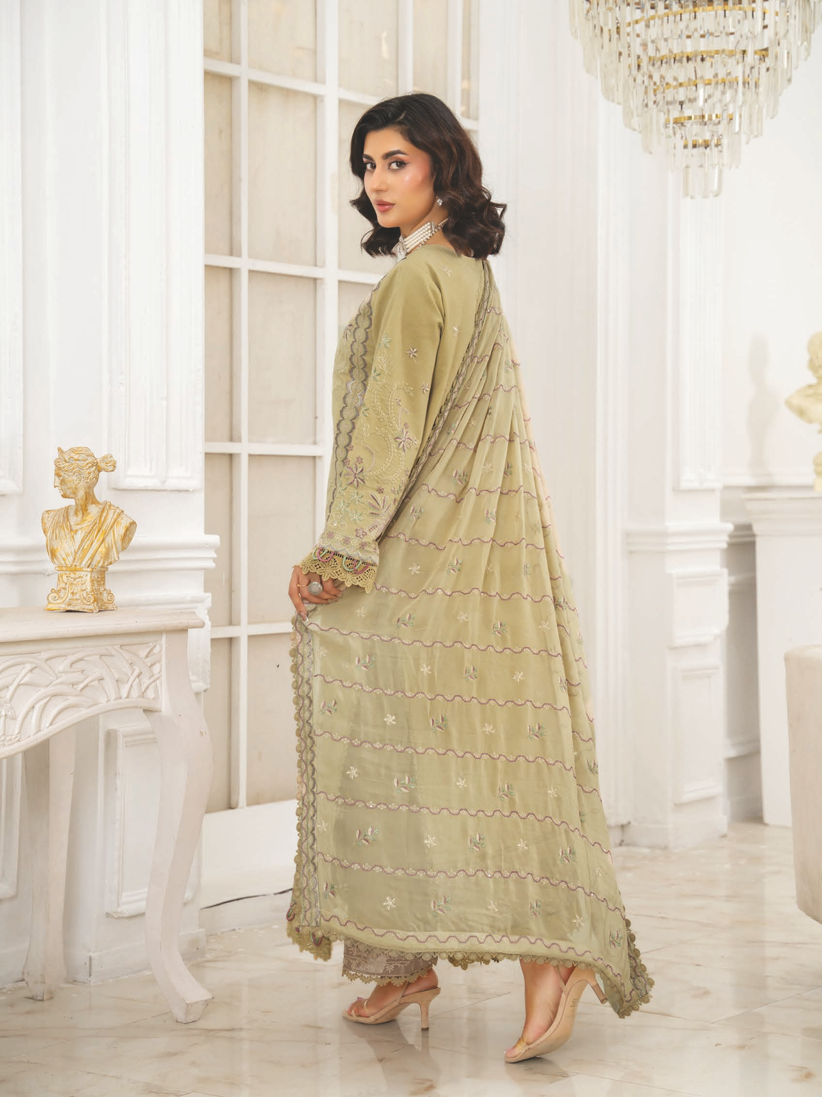 Premium Resham Karandi Suit with Embroidered Bamber Chiffon Dupatta