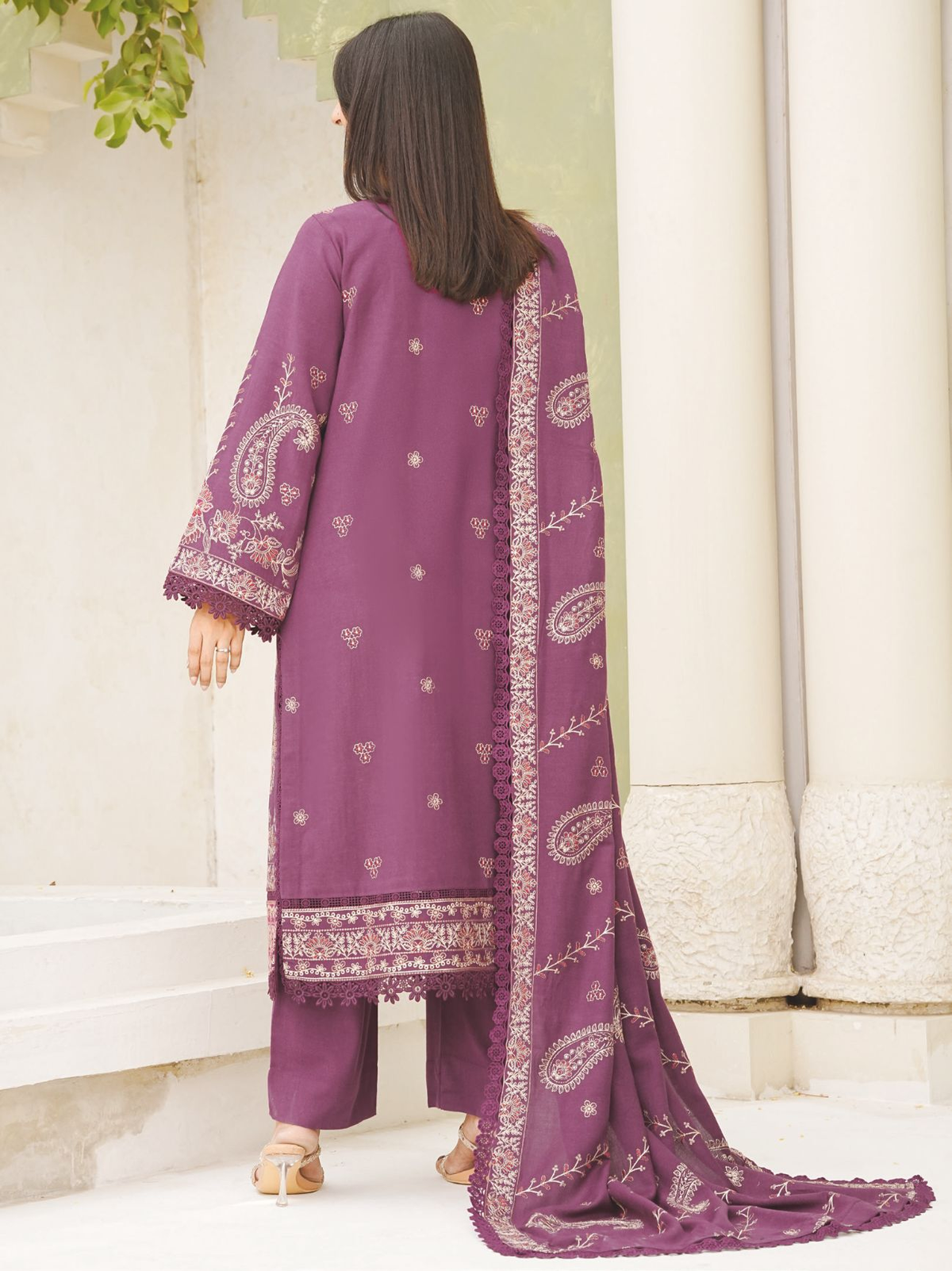 Premium Embroidered Peach Leather 3-Piece Suit with Wool Shawl