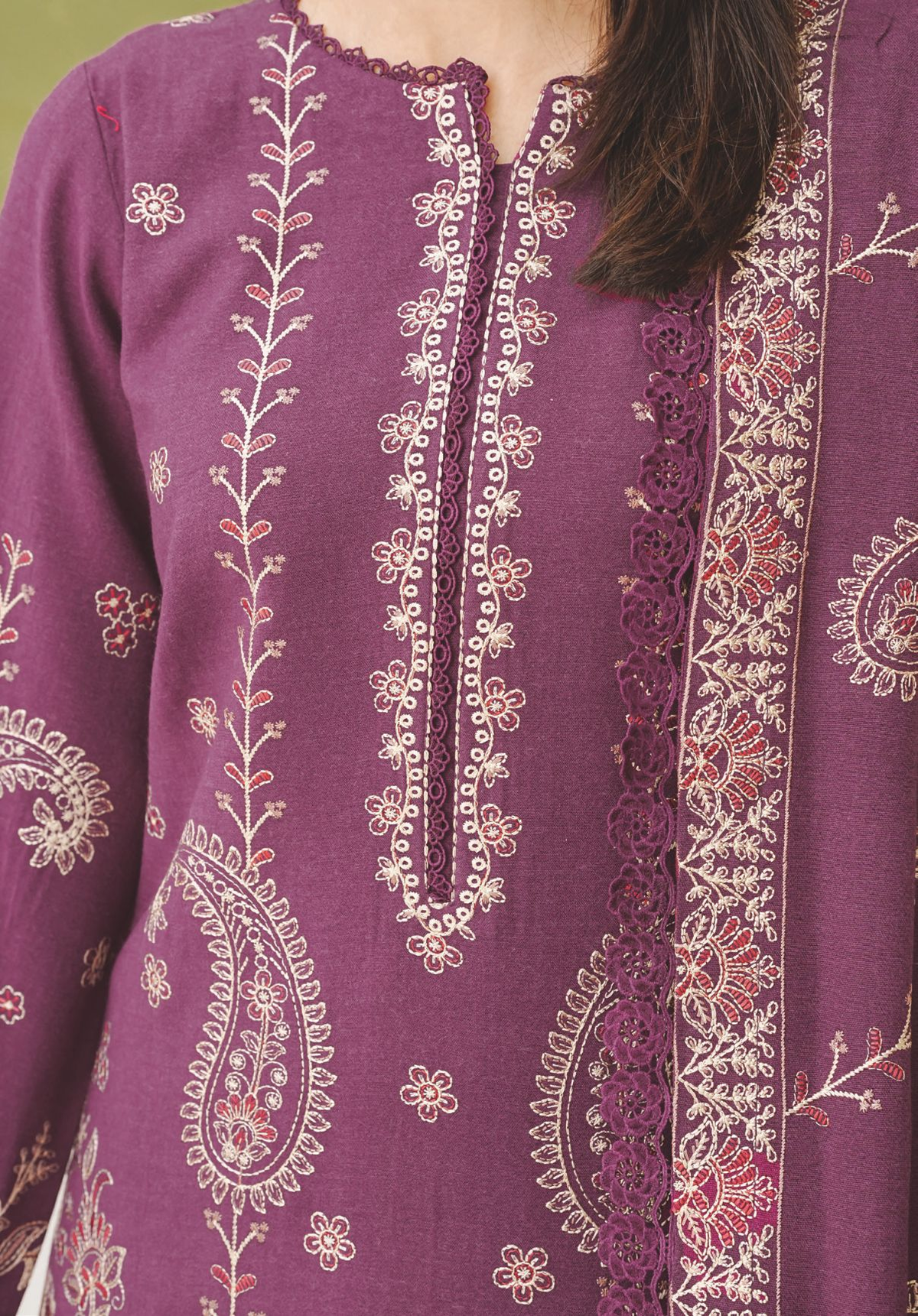 Premium Embroidered Peach Leather 3-Piece Suit with Wool Shawl