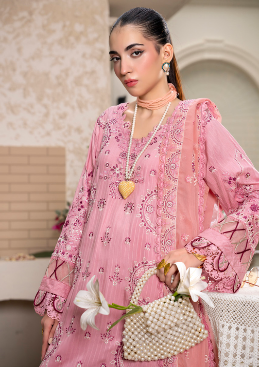 Pastel Pink Embroidered Silk Viscose 3 Piece Suit with Bamber Chiffon Dupatta