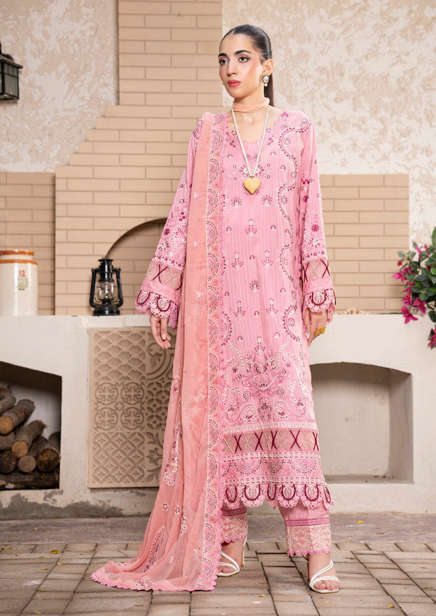 Pastel Pink Embroidered Silk Viscose 3 Piece Suit with Bamber Chiffon Dupatta
